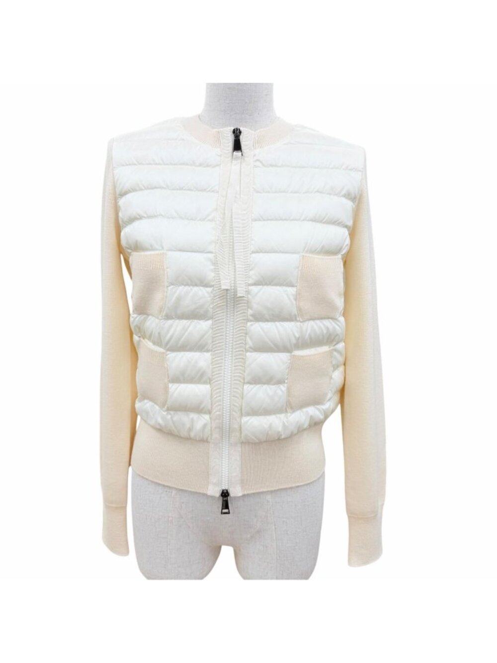Moncler Cardigan Logo Patch Knit Contrast Down Jacket Ivory Protect XS